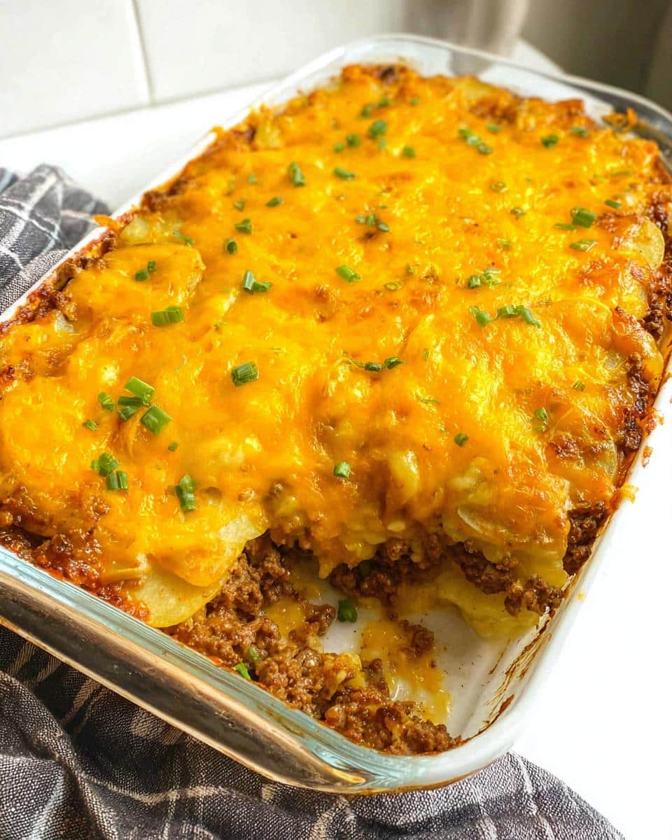 A scoop taken out of a Classic Beef & Potato Casserole topped with melted cheddar cheese and chives.