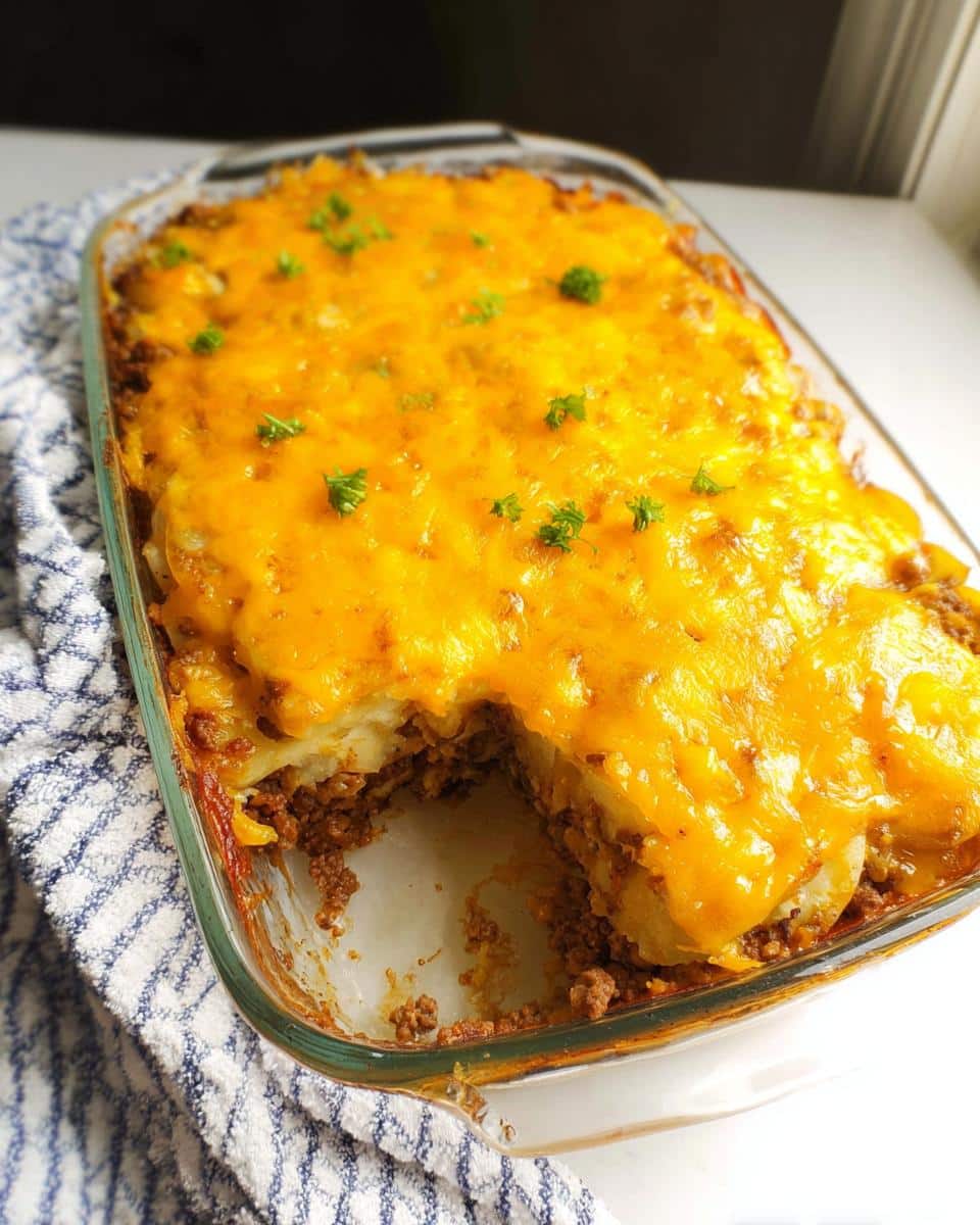 A serving removed from a Classic Beef & Potato Casserole topped with melted cheddar cheese and parsley.