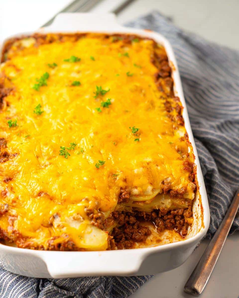 A baked Classic Beef & Potato Casserole in a white dish, topped with melted cheddar cheese and parsley.