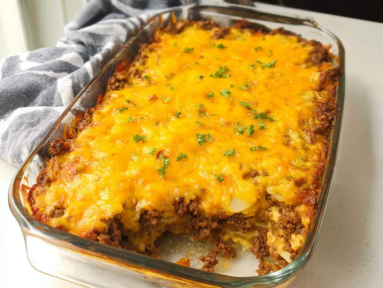 A glass baking dish filled with Classic Beef & Potato Casserole, topped with melted cheddar cheese and parsley.