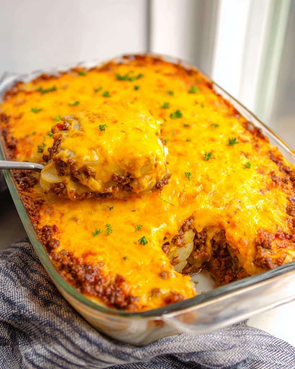 A serving spoon lifts a square portion of Classic Beef & Potato Casserole topped with melted cheddar cheese.