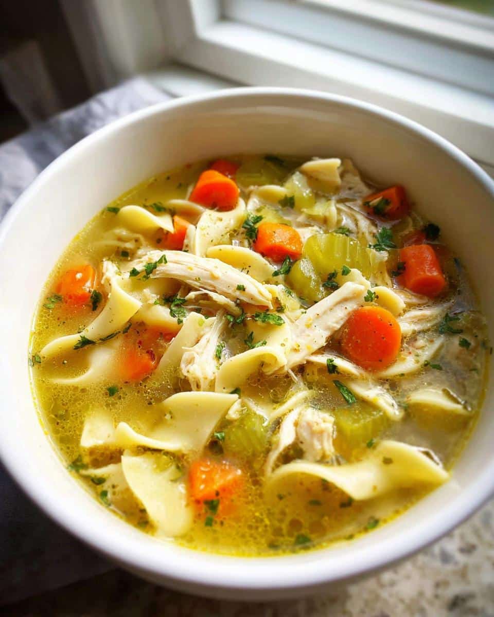 Close-up of a white bowl filled with rich Chicken Noodle Soup, featuring shredded chicken, egg noodles, carrots, and celery.
