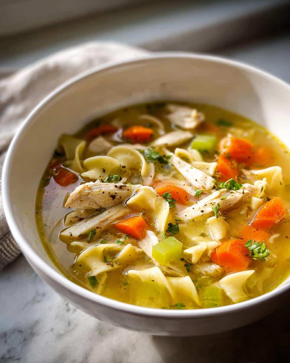 Close-up of a white bowl filled with rich Chicken Noodle Soup featuring shredded chicken, carrots, celery, and egg noodles.
