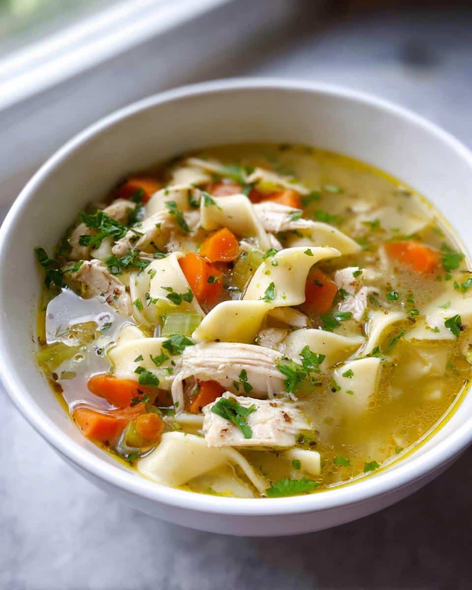A close-up of a white bowl filled with rich Chicken Noodle Soup, featuring wide egg noodles, shredded chicken, and bright carrots.