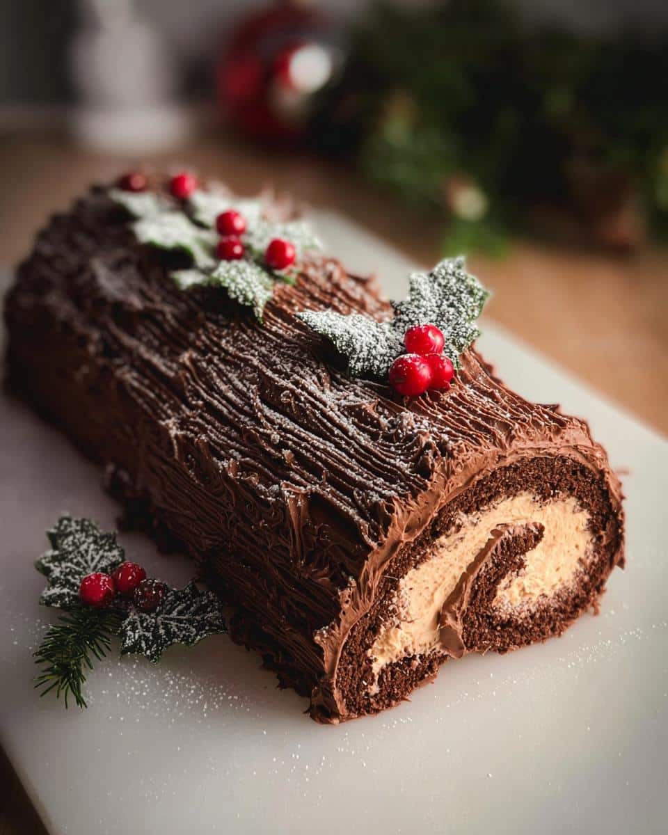 A beautifully decorated Classic Chocolate Christmas Yule Log showing a cross-section with cream filling, dusted with powdered sugar.