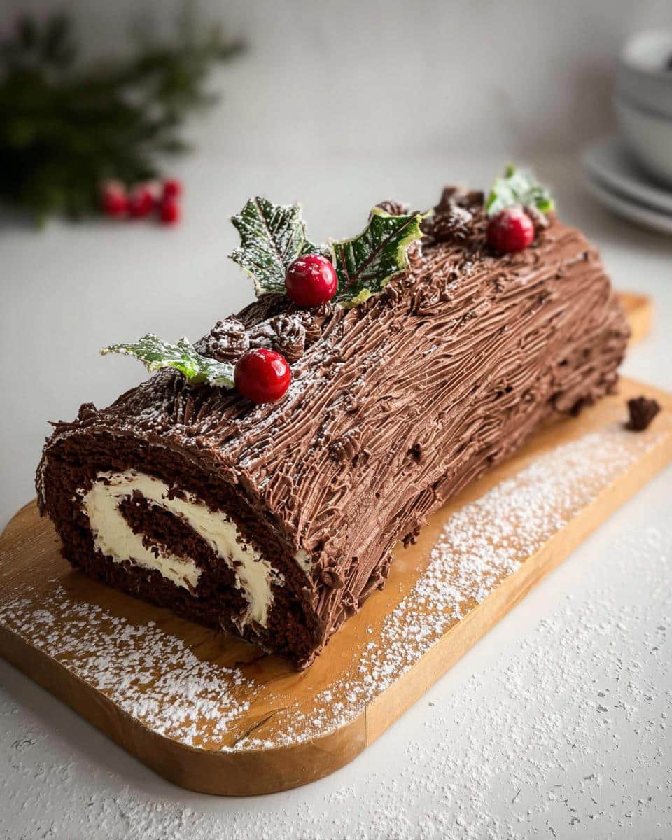 A beautifully decorated Classic Chocolate Christmas Yule Log cake rolled with cream filling, topped with holly.