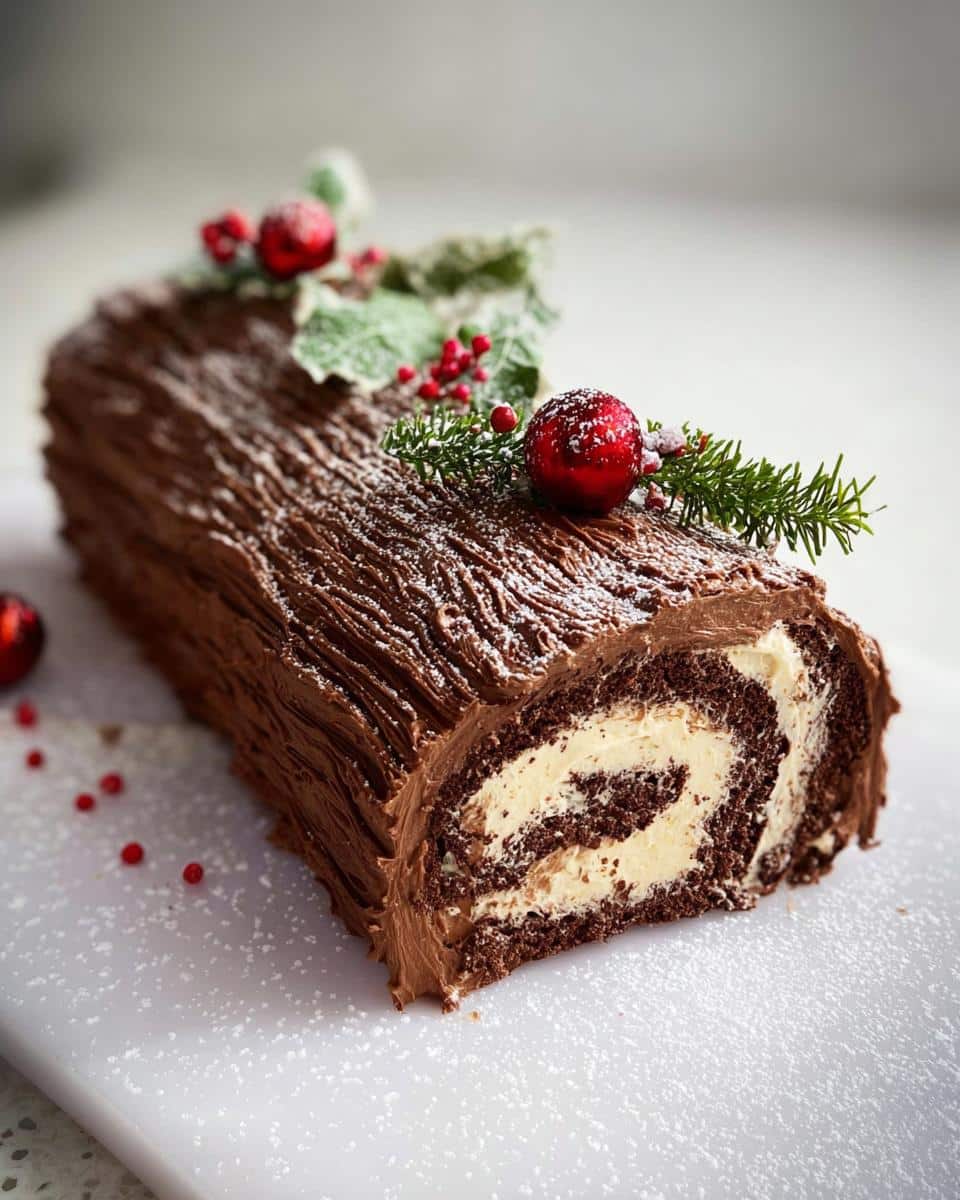 A cross-section view of a Classic Chocolate Christmas Yule Log showing the chocolate sponge and cream swirl, decorated for the holidays.