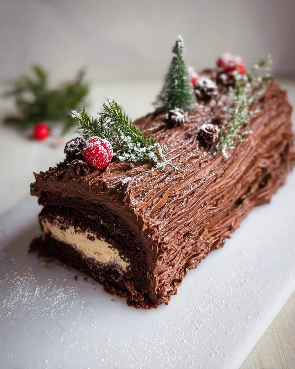 A cross-section view of a Classic Chocolate Christmas Yule Log showing dark chocolate cake and light cream filling, decorated with pine sprigs.