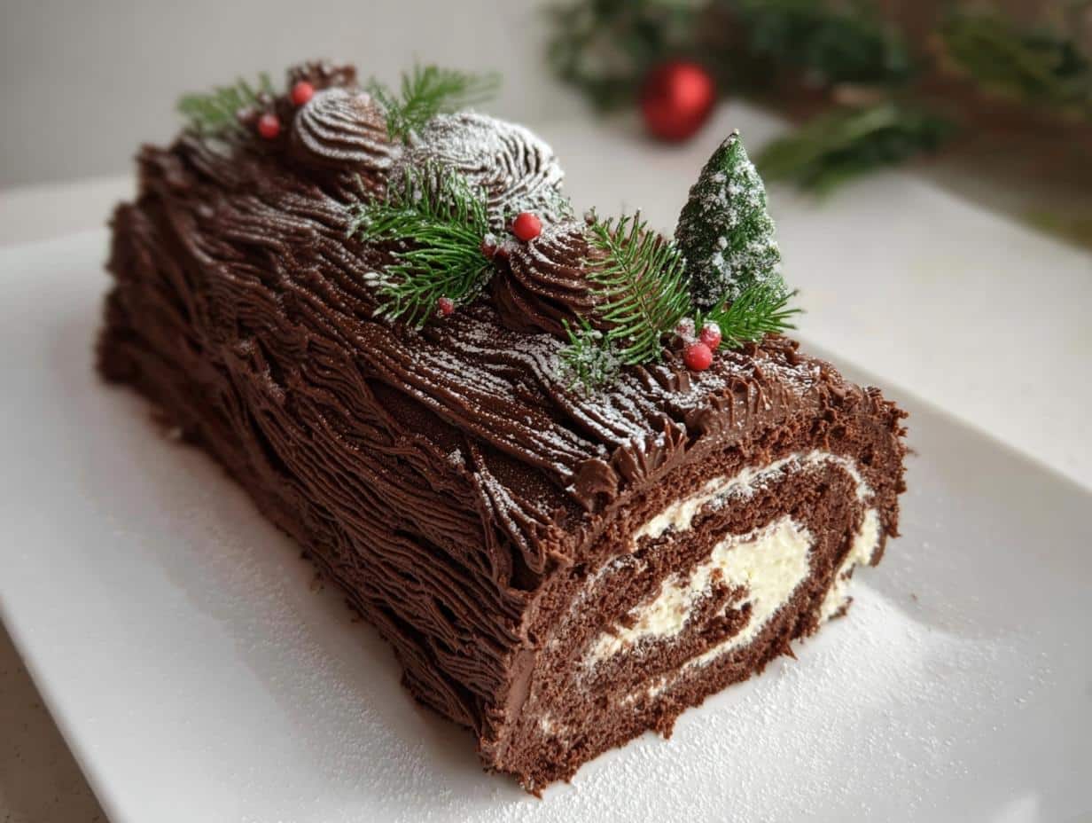 A beautifully decorated Classic Chocolate Christmas Yule Log cake showing a cross-section of chocolate sponge and cream filling.
