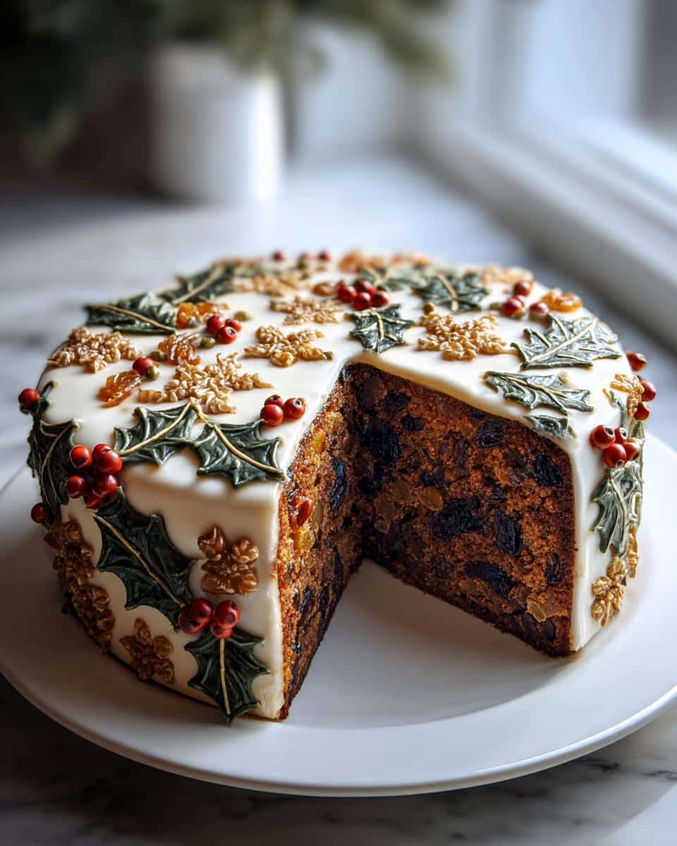 A beautifully decorated Classic Christmas Cake with white icing, holly leaves, berries, and a slice cut out showing the rich fruit interior.