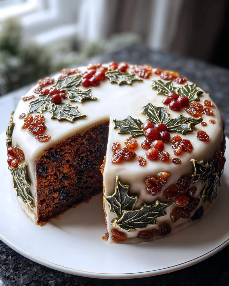 A beautifully decorated Classic Christmas Cake, iced in white and adorned with holly leaves and berries, with one slice cut out revealing the rich fruit interior.