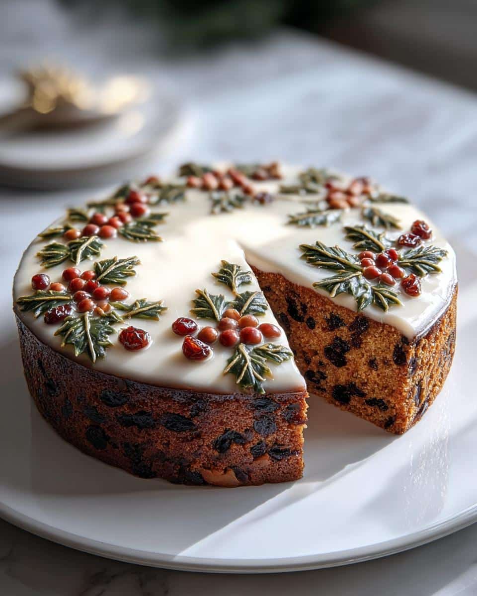 A slice cut from a rich Classic Christmas Cake topped with white icing and piped holly and berry decorations.