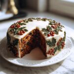 A slice cut from a Classic Christmas Cake showing the rich fruit interior, covered in white icing and decorated with piped holly and berries.