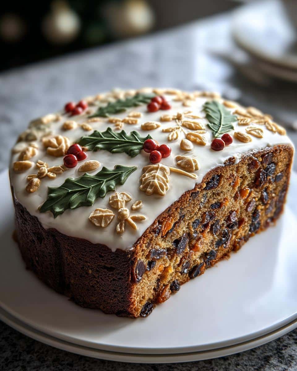 A rich slice of Classic Christmas Cake, heavily laden with dried fruit and topped with white icing, holly, and berries.