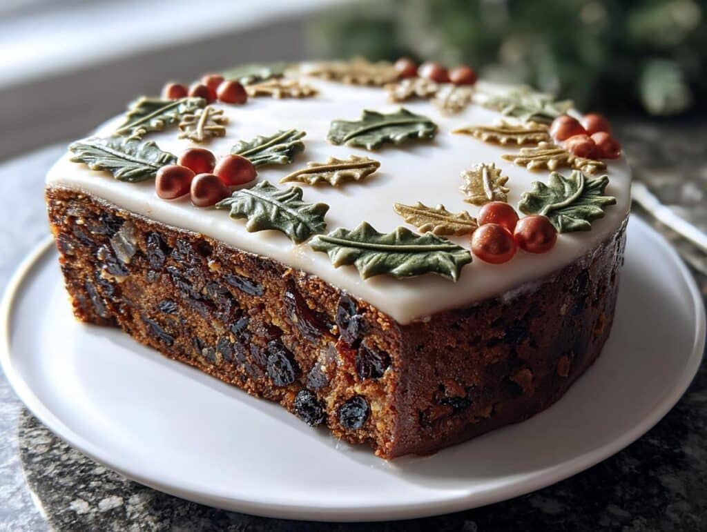 A cross-section slice of rich, dark Classic Christmas Cake topped with white icing and edible holly leaves and berries.