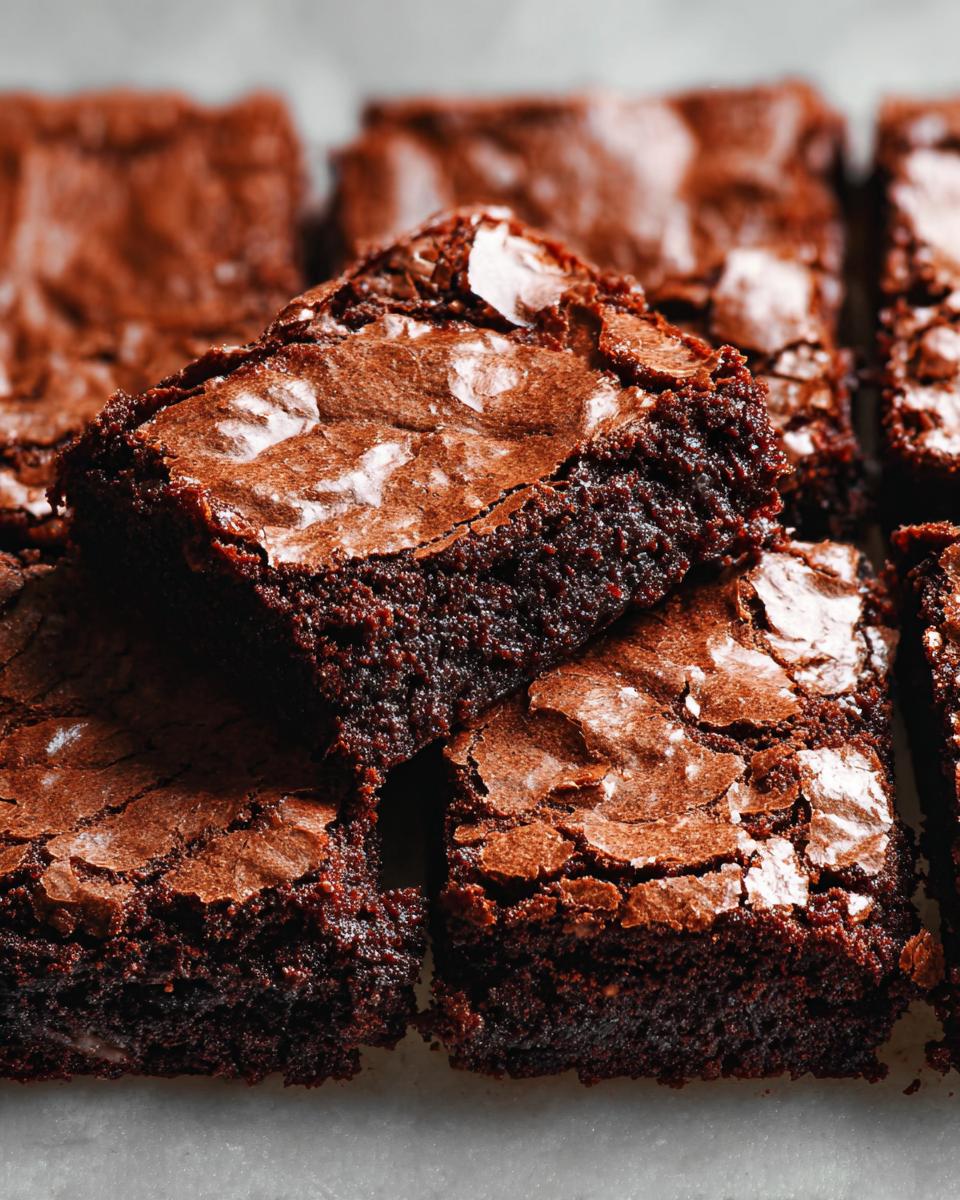 Close-up stack of rich, dark chocolate Classic Fudgy Thermomix Brownies showing a shiny, crackly top.