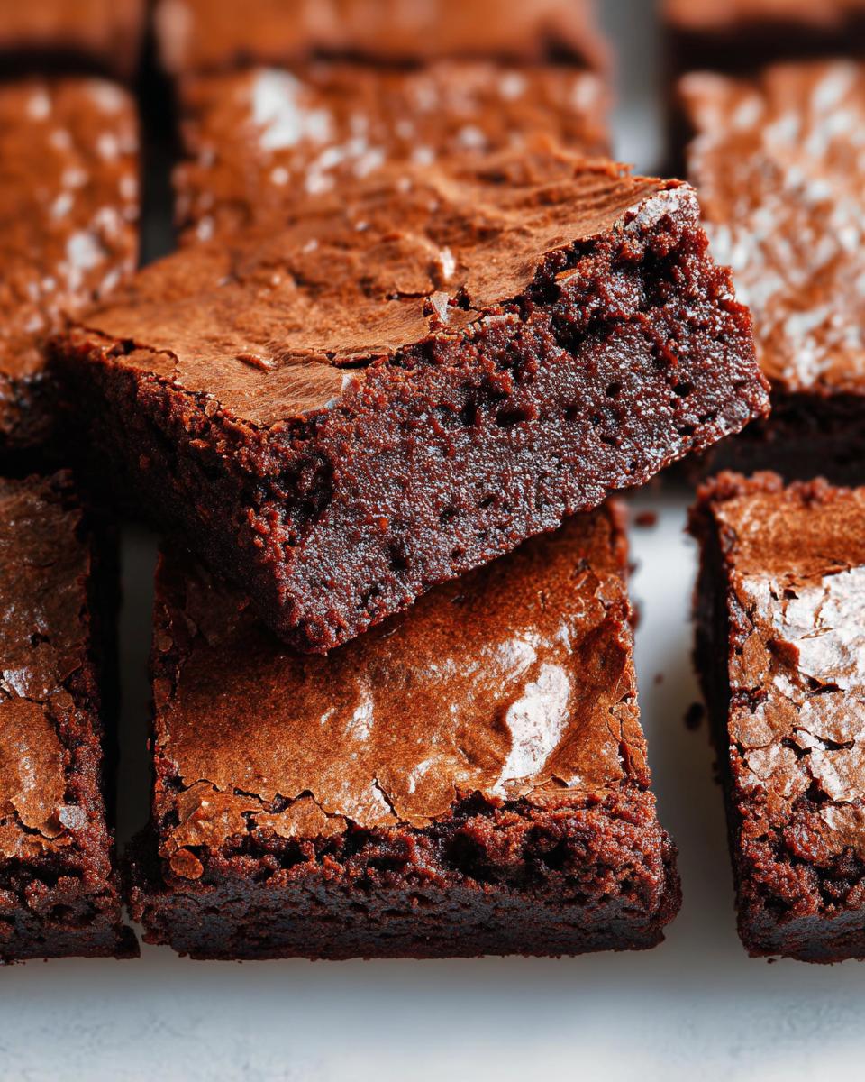 Close-up of rich, dark Classic Fudgy Thermomix Brownies showing a dense, moist interior and crackly top.