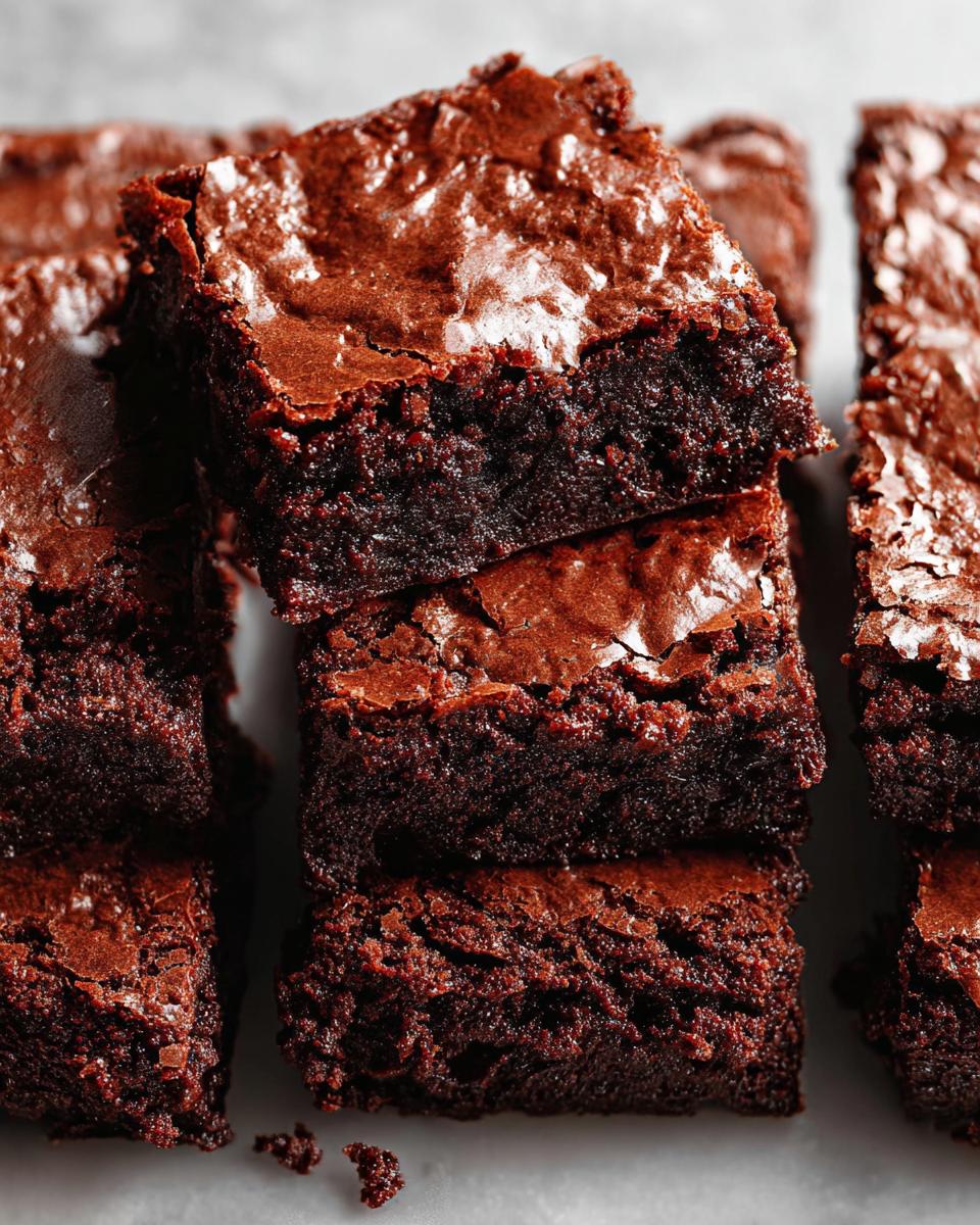 Close-up of stacked, dark, fudgy Classic Fudgy Thermomix Brownies with shiny, cracked tops.