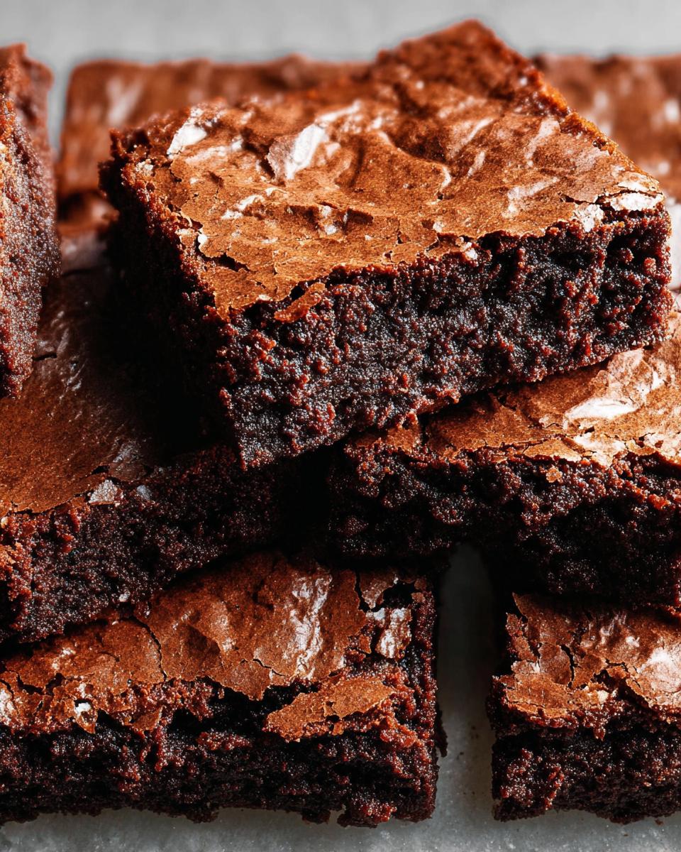 Close-up stack of rich, dark Classic Fudgy Thermomix Brownies showing their dense, fudgy interior and shiny, cracked top.