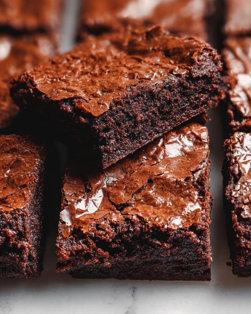 Close-up of stacked Classic Fudgy Thermomix Brownies showing their dense, moist interior and cracked, shiny tops.