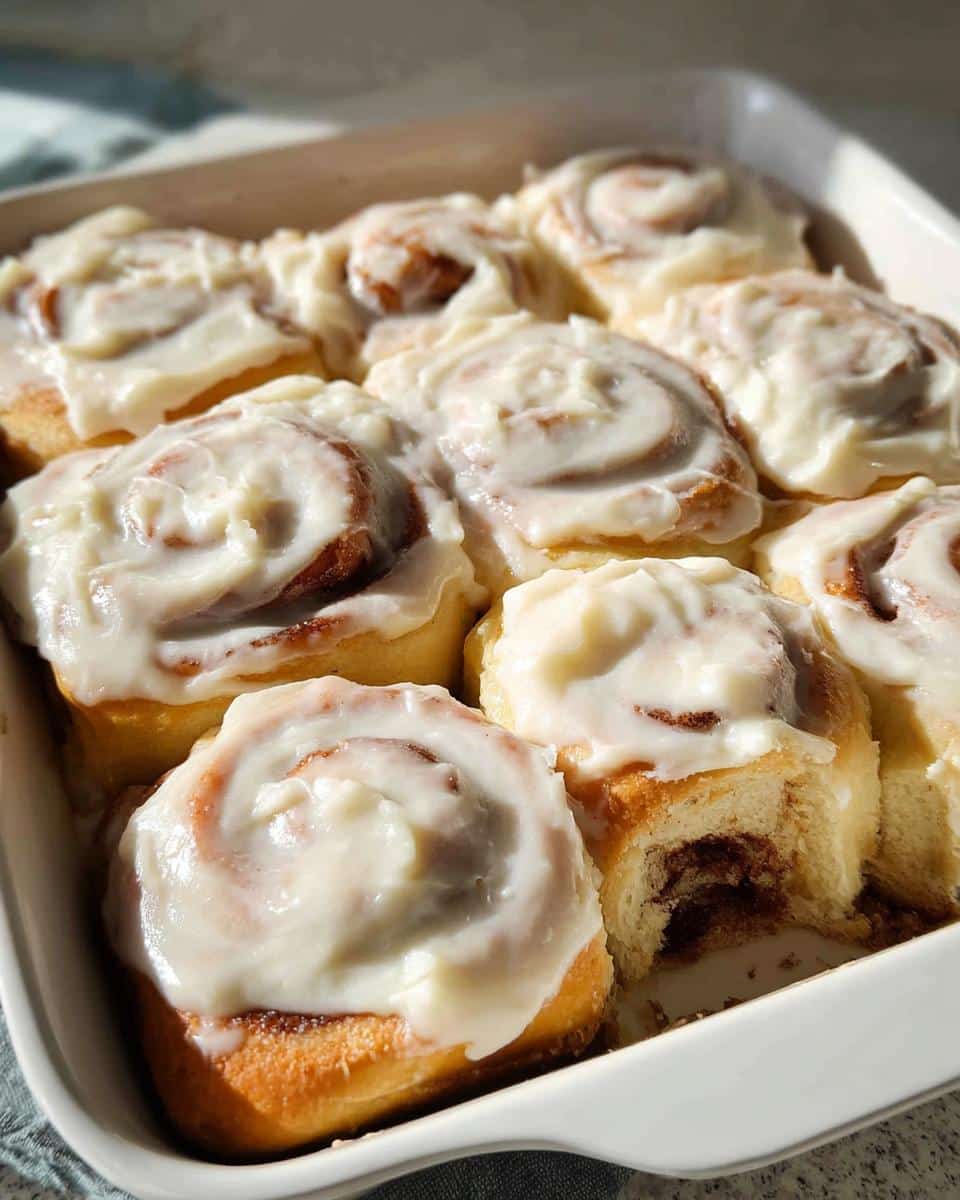 A white baking dish filled with freshly baked Classic Gluten-Free Cinnamon Rolls topped with thick white icing.