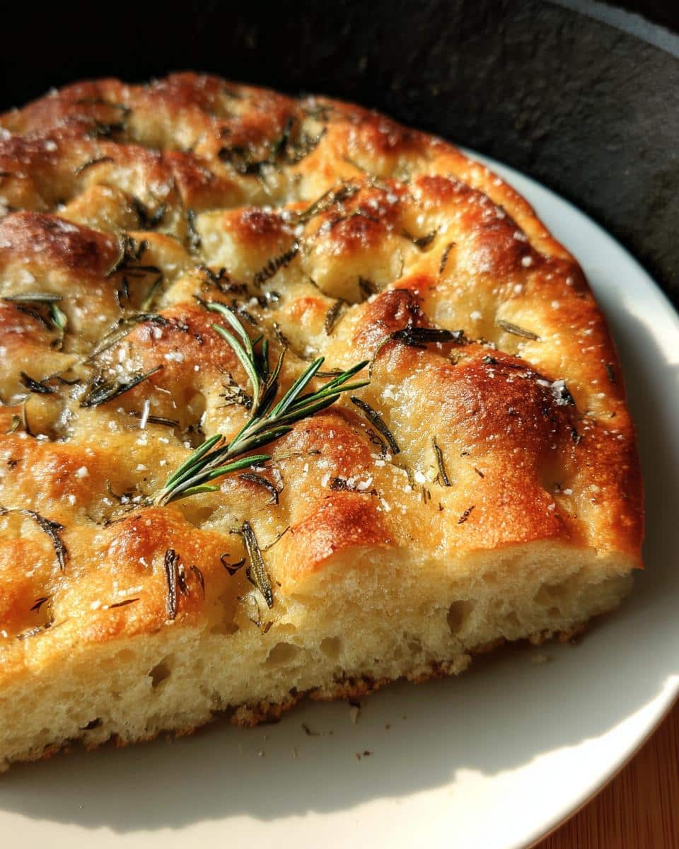 Close-up of a slice of golden Classic Gluten-Free Focaccia Bread topped with rosemary and coarse salt.