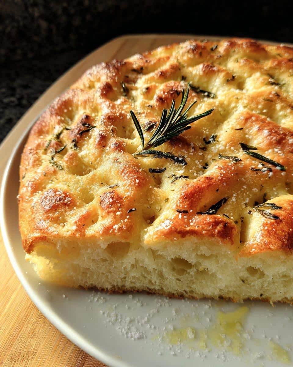 Close-up of a golden-brown slice of Classic Gluten-Free Focaccia Bread topped with rosemary and sea salt.