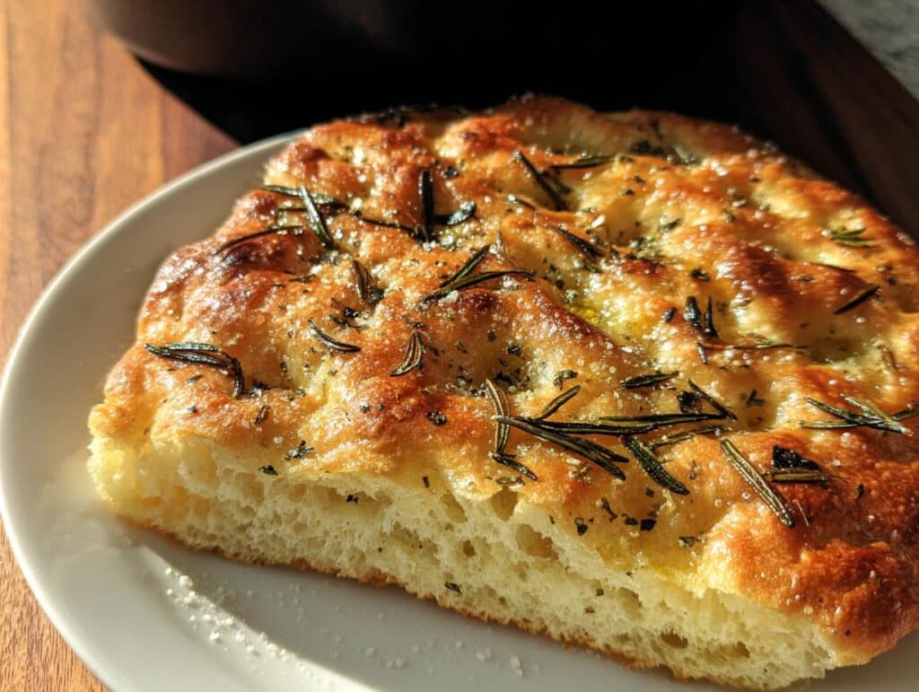Close-up of a golden slice of Classic Gluten-Free Focaccia Bread topped with olive oil, coarse salt, and fresh rosemary.