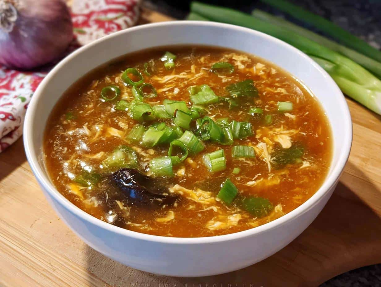 A white bowl filled with rich, brown Classic Hot & Sour Chicken Soup, garnished with chopped green onions.