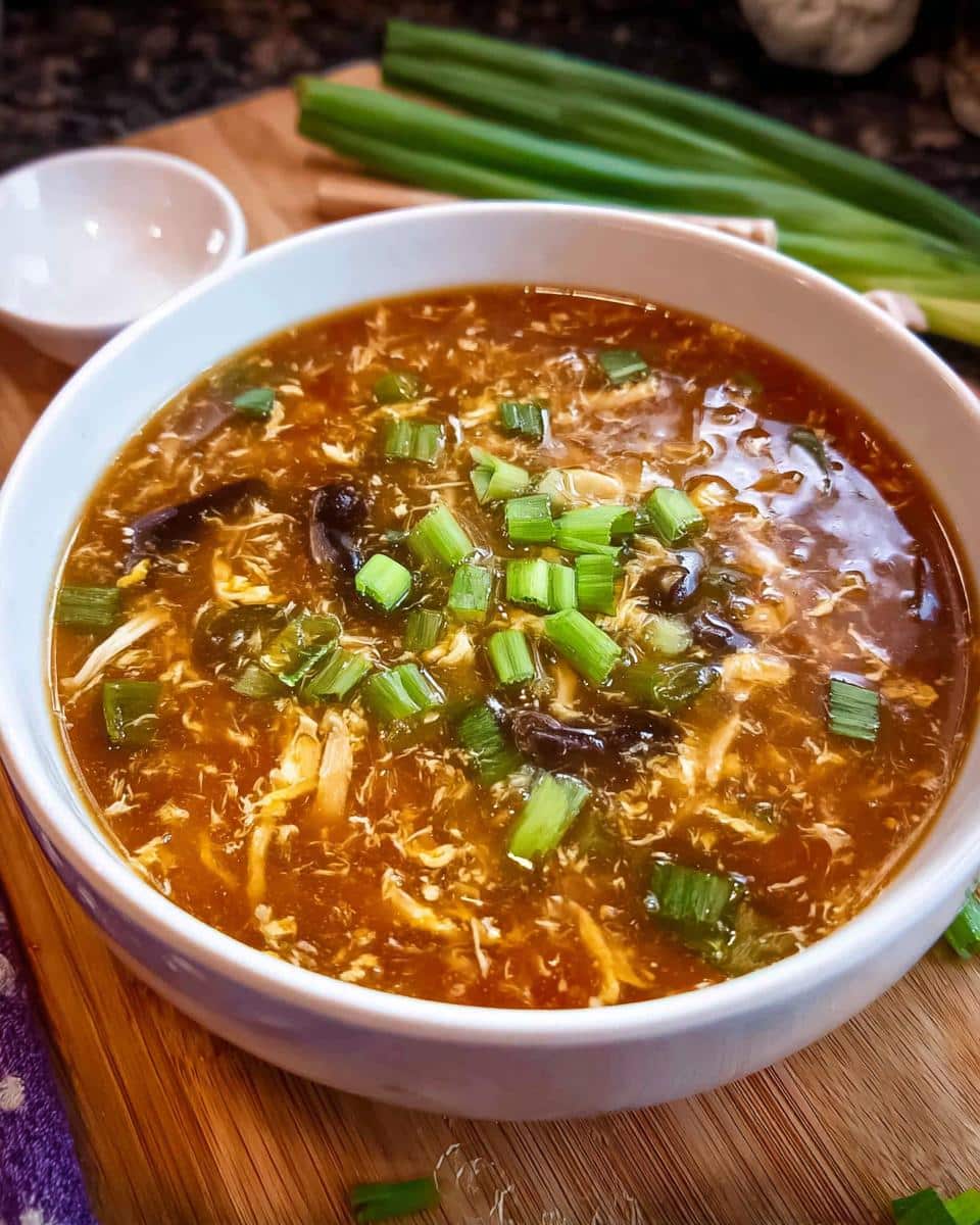 A close-up of a white bowl filled with Classic Hot & Sour Chicken Soup, garnished generously with chopped green onions.