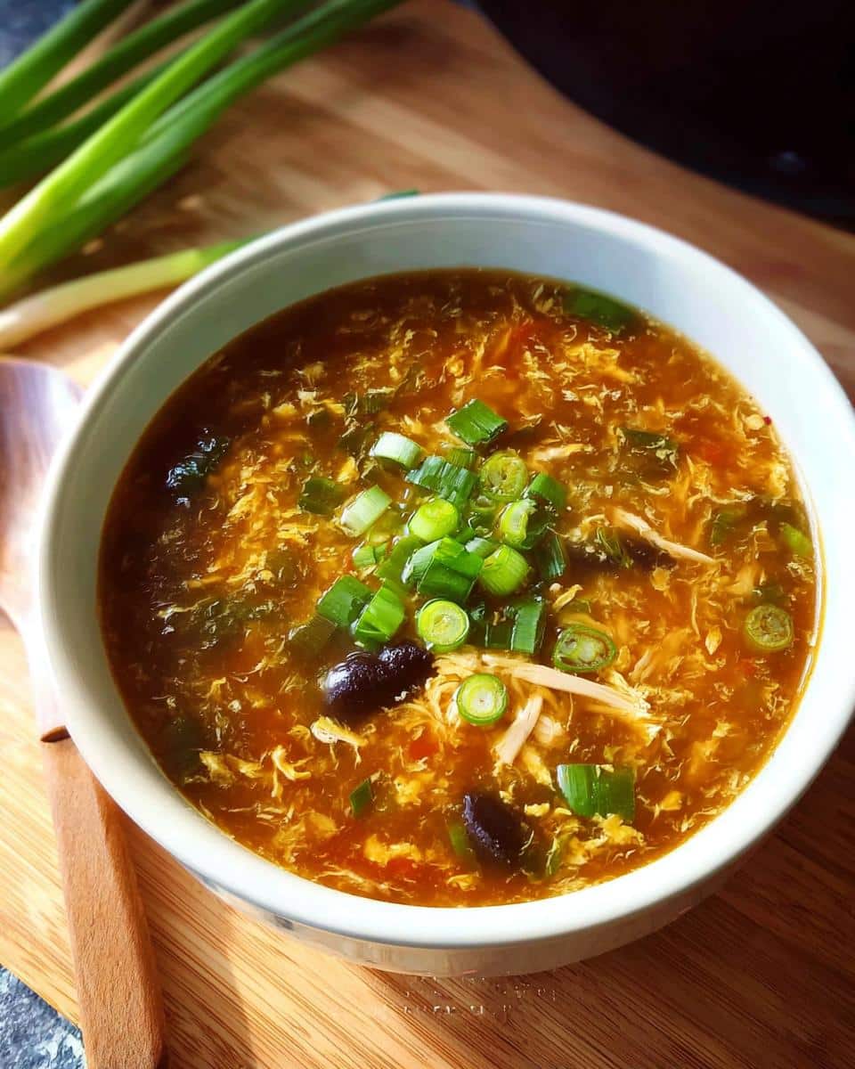 A close-up of a steaming bowl of Classic Hot & Sour Chicken Soup, topped with fresh green onions.