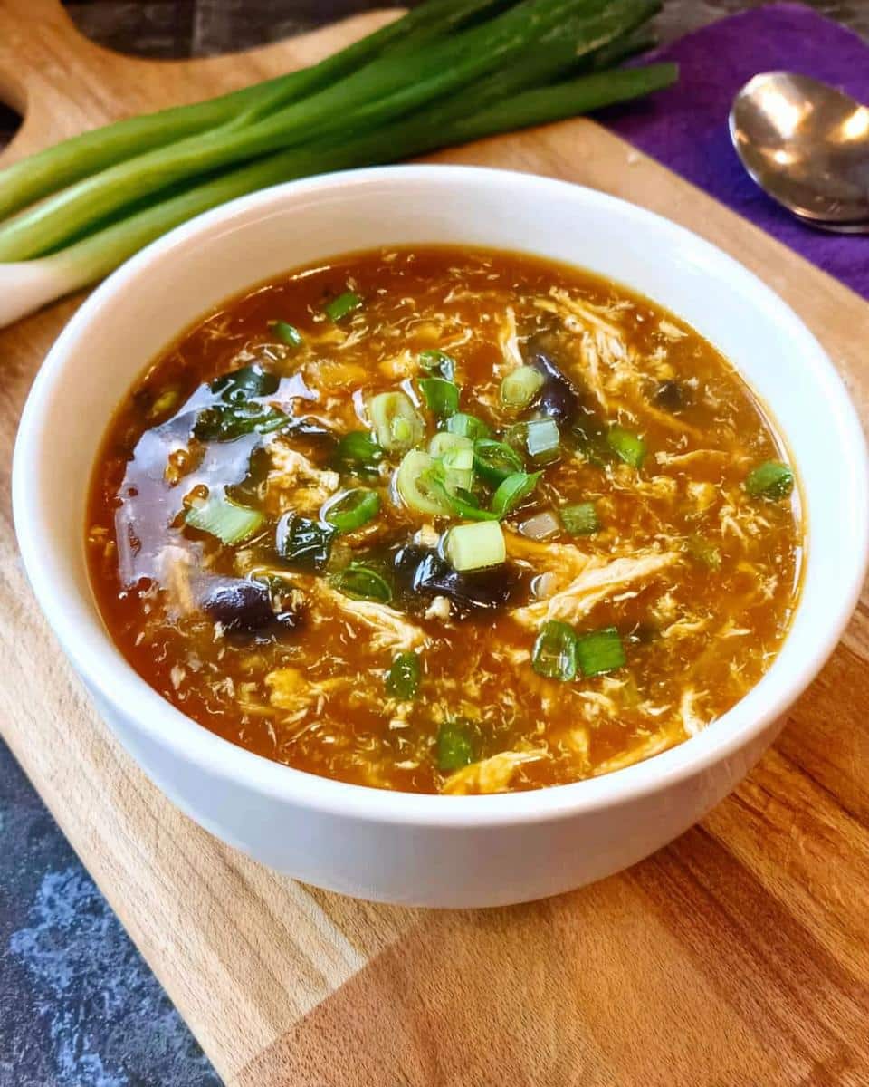A close-up of a white bowl filled with Classic Hot & Sour Chicken Soup, garnished with green onions.