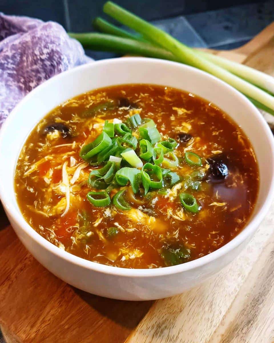 A close-up of a white bowl filled with Classic Hot & Sour Chicken Soup, garnished generously with sliced green onions.