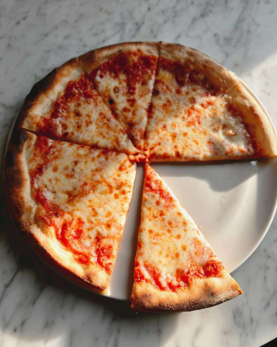 A whole Classic New York-Style Cheese Pizza, sliced, with one triangular slice pulled away on a white plate.