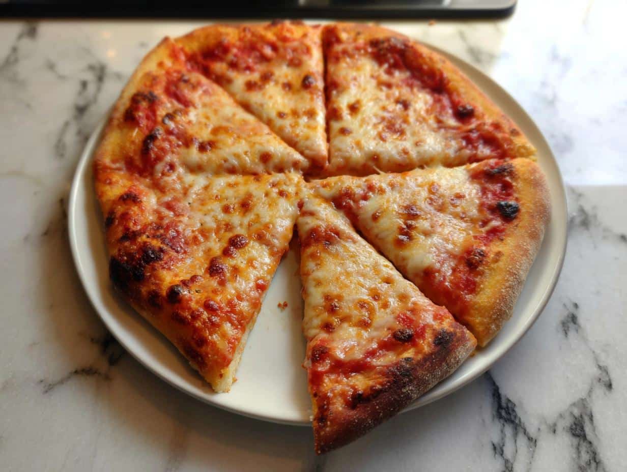 A round Classic New York-Style Cheese Pizza, sliced into wedges, resting on a white plate on a marble surface.