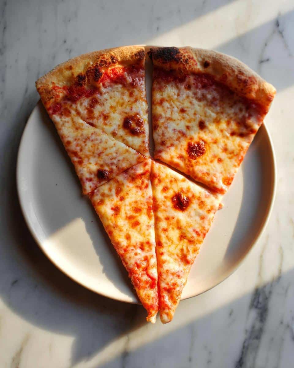 Four slices of Classic New York-Style Cheese Pizza arranged on a light plate over a marble surface, catching sunlight.