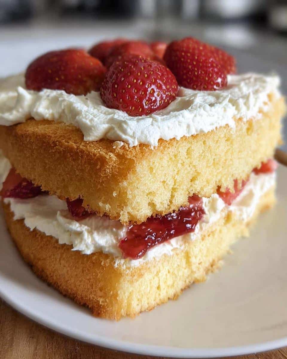 A close-up slice of fluffy Classic Thermomix Sponge Cake layered with cream, jam, and topped with fresh strawberries.