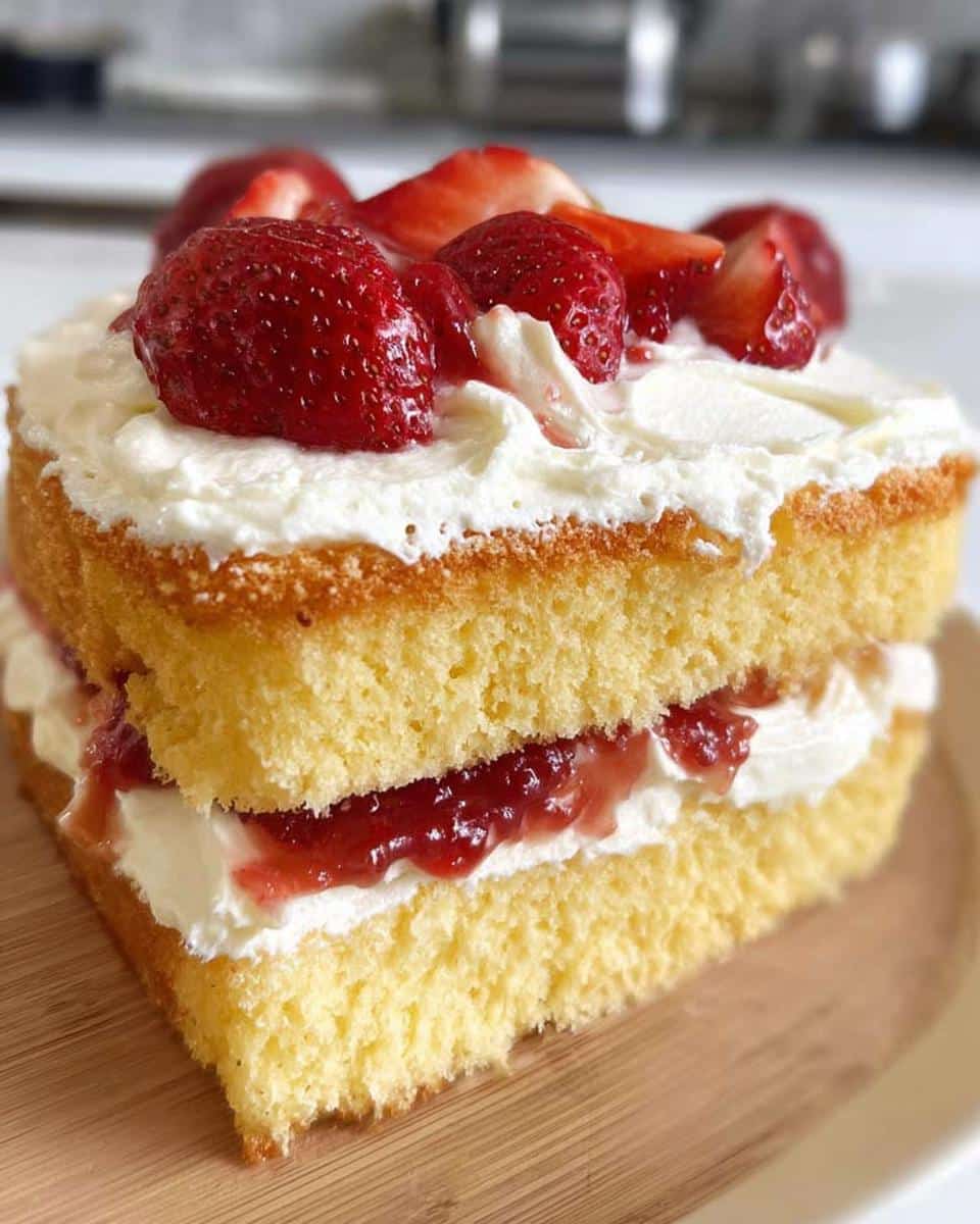 A close-up of a slice of Classic Thermomix Sponge Cake layered with cream and jam, topped with fresh strawberries.