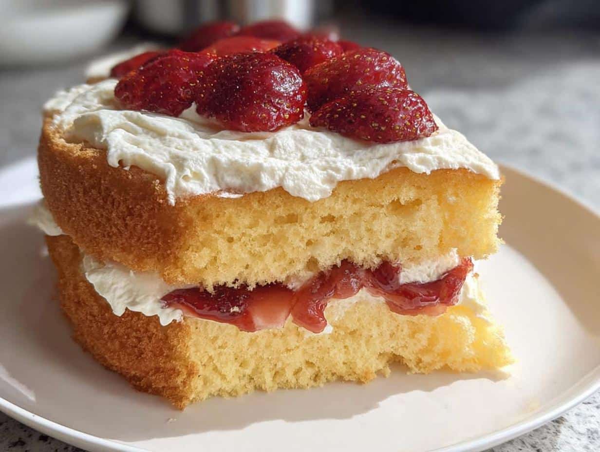 Close-up of a slice of fluffy Classic Thermomix Sponge Cake layered with cream and jam, topped with fresh strawberries.