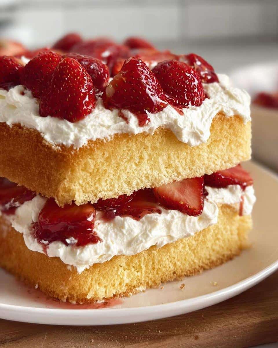 Close-up of a slice of Classic Thermomix Sponge Cake layered with whipped cream and fresh strawberries.