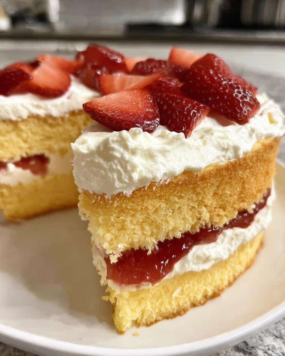 Close-up of a slice of Classic Thermomix Sponge Cake layered with cream, jam, and topped with fresh strawberries.