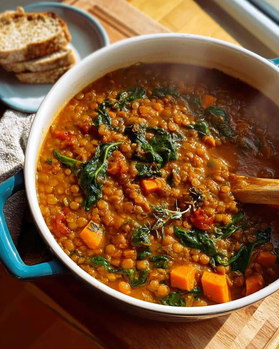 A close-up of steaming Classic Vegan Lentil Soup in a blue-handled pot, featuring lentils, sweet potato chunks, and wilted spinach.