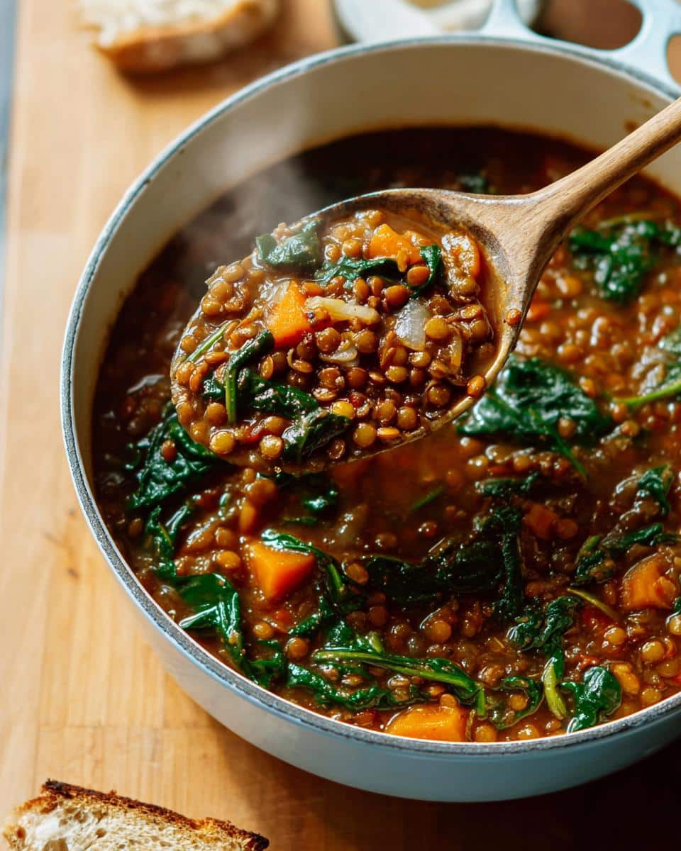 A wooden spoon lifting a hearty portion of Classic Vegan Lentil Soup, rich with lentils, spinach, and carrots, from a white pot.