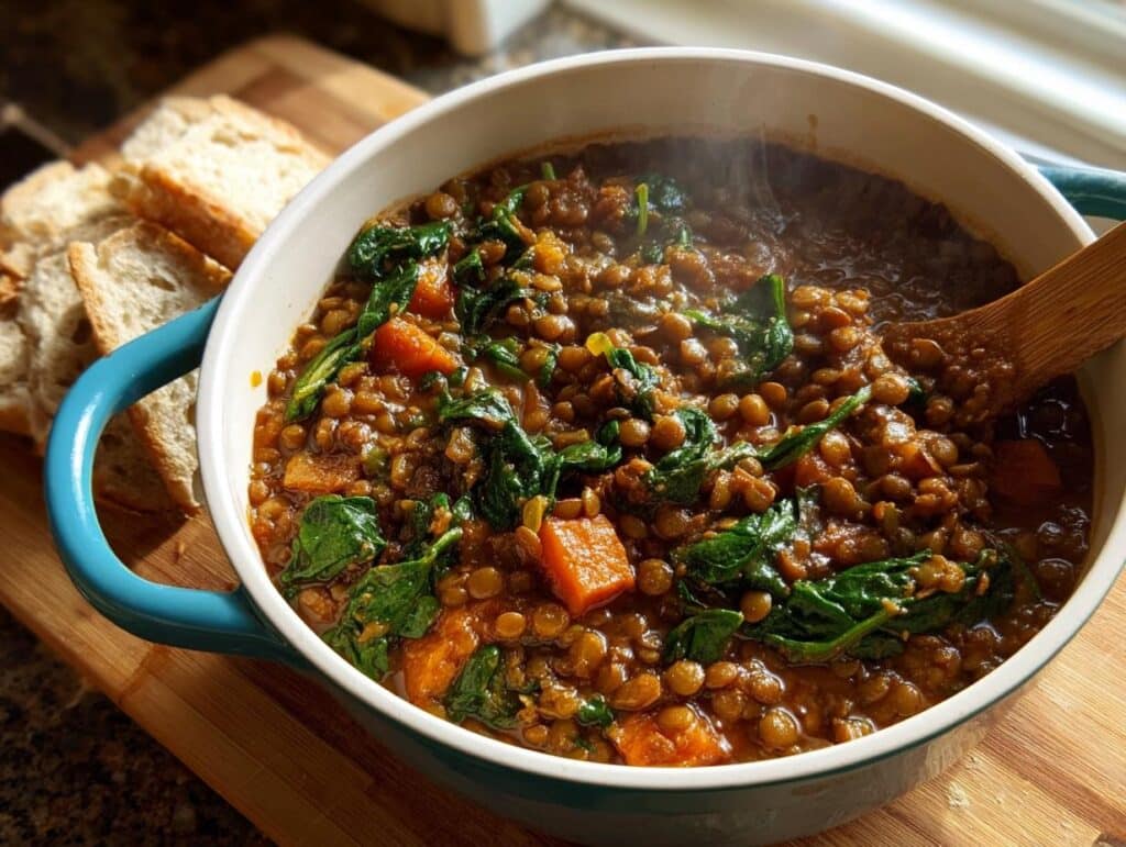 A close-up of steaming Classic Vegan Lentil Soup with spinach and carrots served in a blue-handled pot, with bread slices nearby.