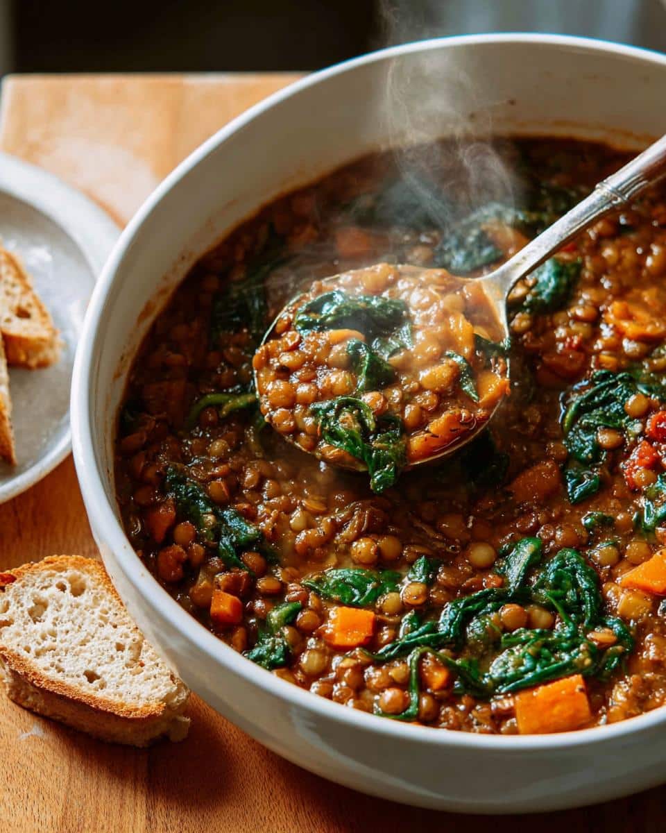 A close-up of hot, steaming Classic Vegan Lentil Soup being served with a ladle, showing lentils, carrots, and spinach.