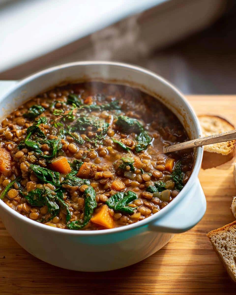 A steaming white bowl filled with Classic Vegan Lentil Soup featuring lentils, chunks of sweet potato, and wilted spinach.