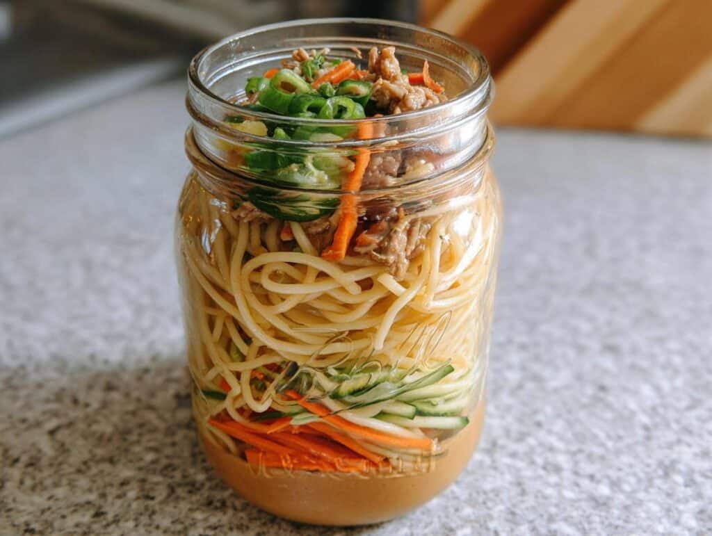A mason jar layered with peanut sauce, shredded carrots and cucumber, noodles, and topped with meat and scallions for a Cold Sesame Peanut Noodle Jar.
