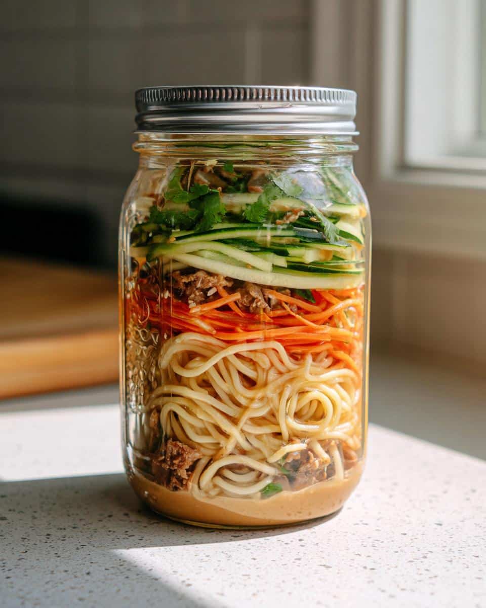 A layered Cold Sesame Peanut Noodle Jar showing sauce, noodles, meat, shredded carrots, zucchini, and cilantro.