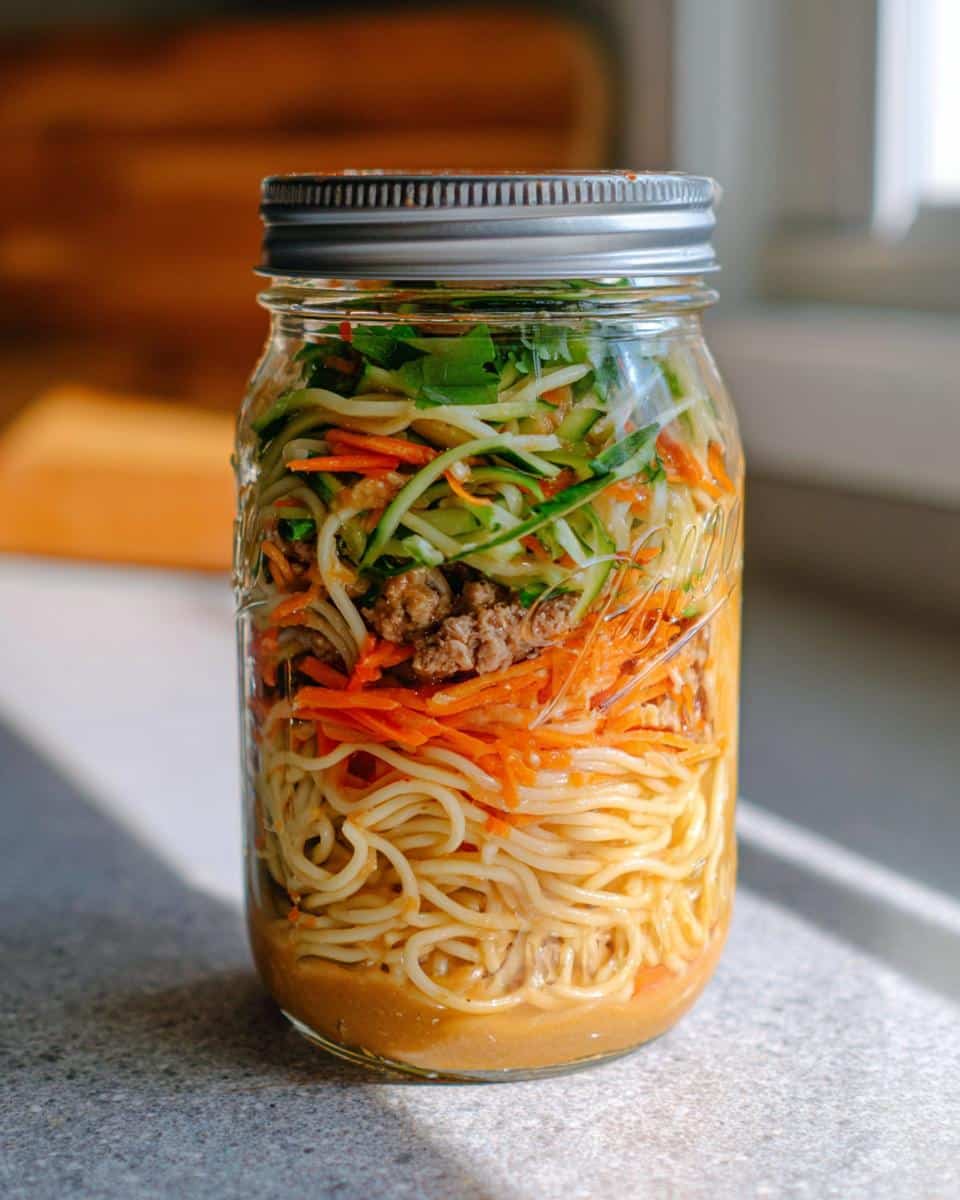 A mason jar layered with noodles, ground meat, shredded carrots, zucchini noodles, and herbs for a Cold Sesame Peanut Noodle Jar.