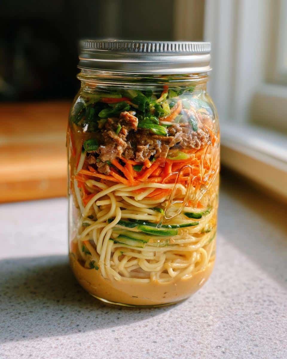 A layered Cold Sesame Peanut Noodle Jar featuring sauce at the bottom, noodles, shredded carrots, beef, and greens.